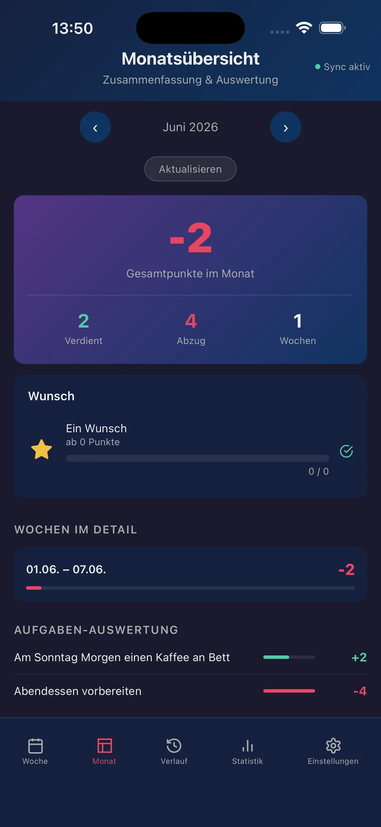 Devotion App Screenshot: Monatsübersicht mit Fortschritt und Punktestand